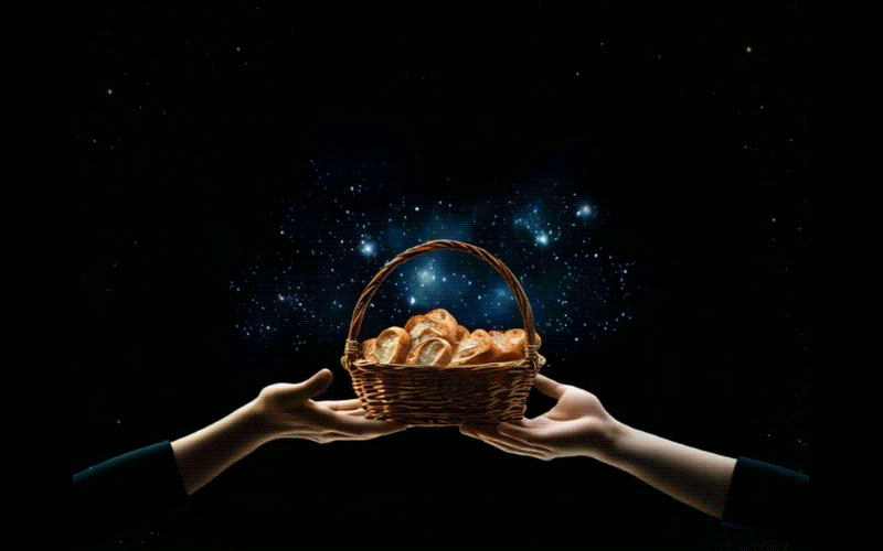 handing off a basket of bread