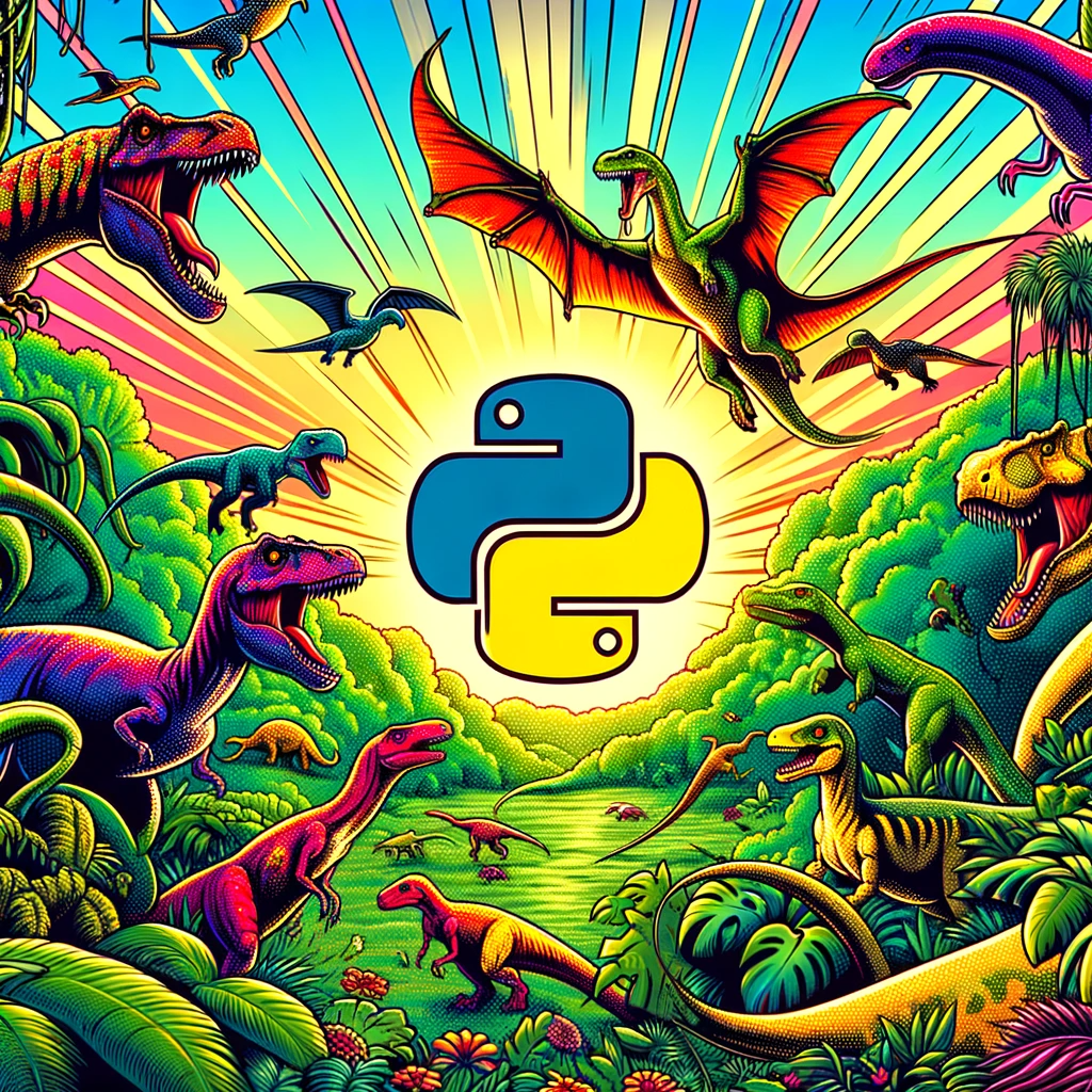 A graphical image with the python logo in the center that is surrounded by jungle and dinosaurs, both land creatures and flying creatures. Bright colors. It will look very good animated. 